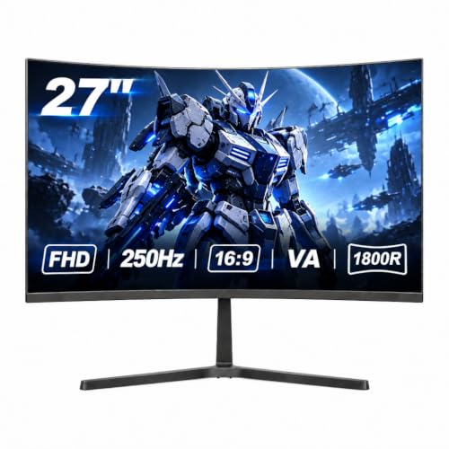 Gawfolk 27 Inch Curved Gaming Monitor, 250Hz 1ms FHD VA Computer Monitor