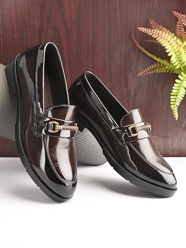 Image of STANPHORD Mens Loafers Men Brown Solid Leatherette petant Formal Office wear Wedding Slip on Moccasins Horsebit Loafers Shoes