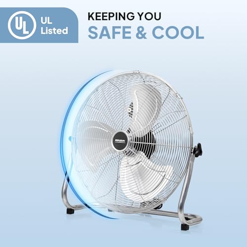 Image of ROVSUN 12'' Floor Fans, High Velocity Heavy Duty Metal Industrial Floor Fan for Commercial & Residential, High Power Fan w / 90-180 Adjustable Tilt, Metal Fan for Garage, Gym, Bedroom, UL Listed