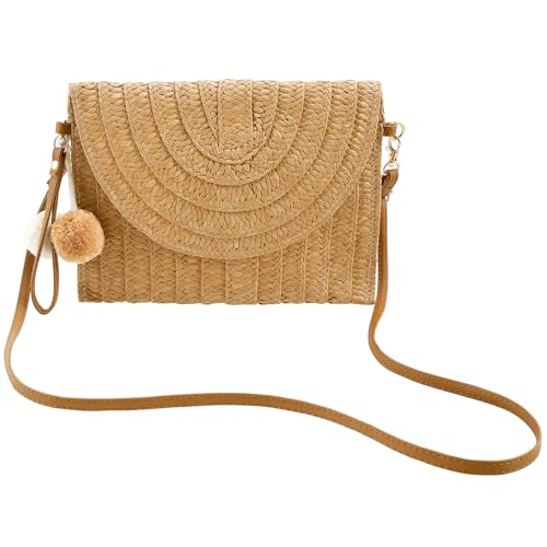 Bolsa de ombro de palha, bolsas transversais de tecido, bolsa de palha feita à mão, bolsas carteira, bolsa clutch de vime com duas bolas para mulheres, Marrom, 1