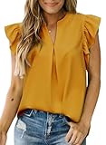 Dokotoo Women's Summer Blouses and Tops for Women Magic Collar V Neck Short Sleeve Solid Ruffle Shirts Casual Lightweight Loose Fit Cap Sleeve Dressy Casual Tops for Women 2025 Trendy Yellow Large