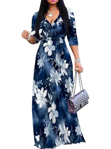 Image of PinkPatty Plus Size Maxi Dress for Women Casual V Neck 3 /4 Sleeve Boho Printed Long Dress with Pockets