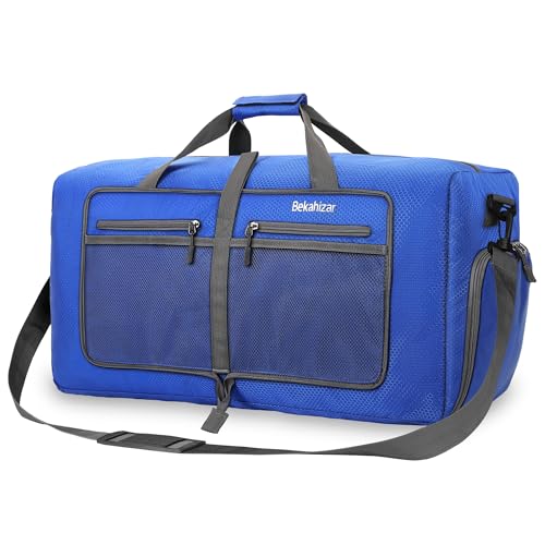 Bekahizar Leichte Faltbare Reisetasche 60L Große Travel Duffle Bag Übernachtung Taschen Verpackbar Reisegepäck Gym Sporttasche Mit Schuhfach für Herren Damen Flugzeug Camping Reisen