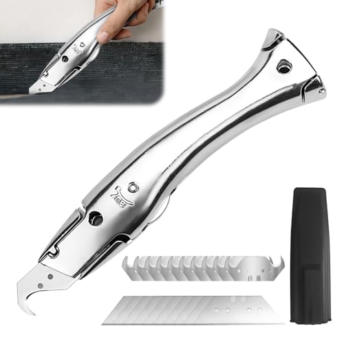 Couteau à tapis avec 10 lames à crochet et 10 lames trapézoïdales, couteau universel, carquois en plastique, couteau à crochet pour tapis et revêtements de sol en PVC