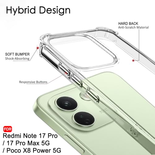 Image of TheGiftKart Crystal Clear Back Cover Case for Mi Redmi Note 17 Pro / 17 Pro Max 5G / Poco X8 Power 5G | 360 Degree Protection | Shock Proof Design | Hard Back Cover Case (PC & TPU, Transparent Bumper)
