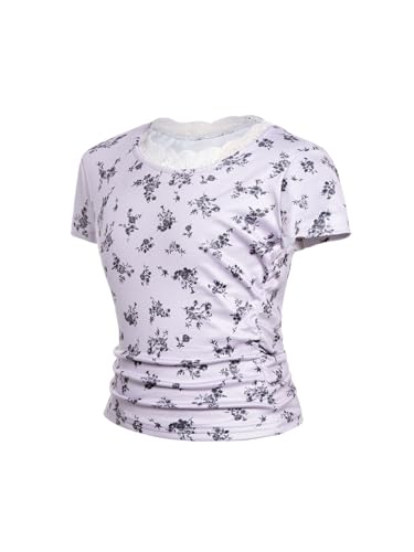 Image of RoseSeek Girl's Ditsy Floral Print Lace T Shirt Short Sleeve Ribbed Ruched Cute Tee Shirts Summer Tops