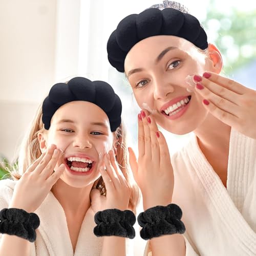 Image of Spa Headband and Wristband Set, Face Wash Headband Makeup Skincare Headband Wrist Bands Washing Face for Preppy Skincare Women Girl (Spa Headband - Black)