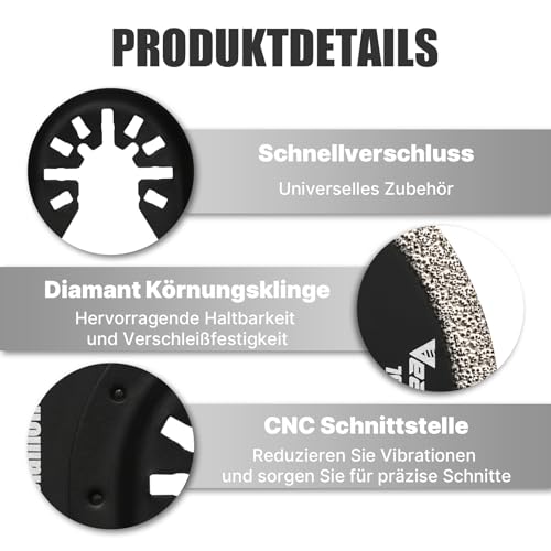 Vearter 5 Stück Diamant Multifunktionswerkzeug mit Adapter, Multitool Sägeblätter Oszillationswerkzeug für Keramikfliesen, Hohlziegel, Zement, weiche Fliesen, Mauerwerk