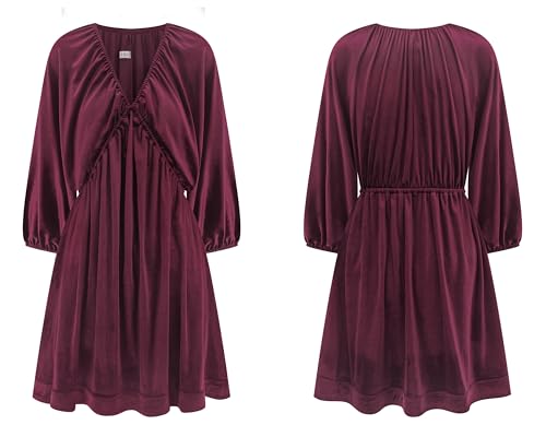 R.Vivimos Womens Fall Velvet Tunic Dress 2025 Trendy Sexy Deep V Neck 3/4 Sleeve Elastic Waist Loose Mini Dress with Pockets4
