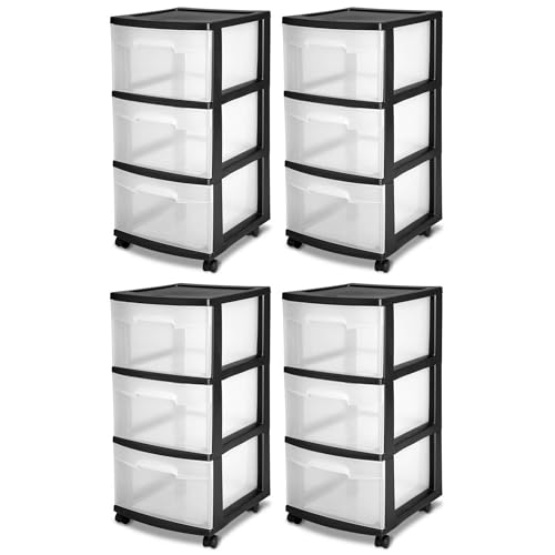 Sterilite 4-Pack 3-Drawer Rolling Plastic Storage Cart, Black Frame and Clear Drawers – Home, Office, or Dorm Portable Organizer with Removable Wheels