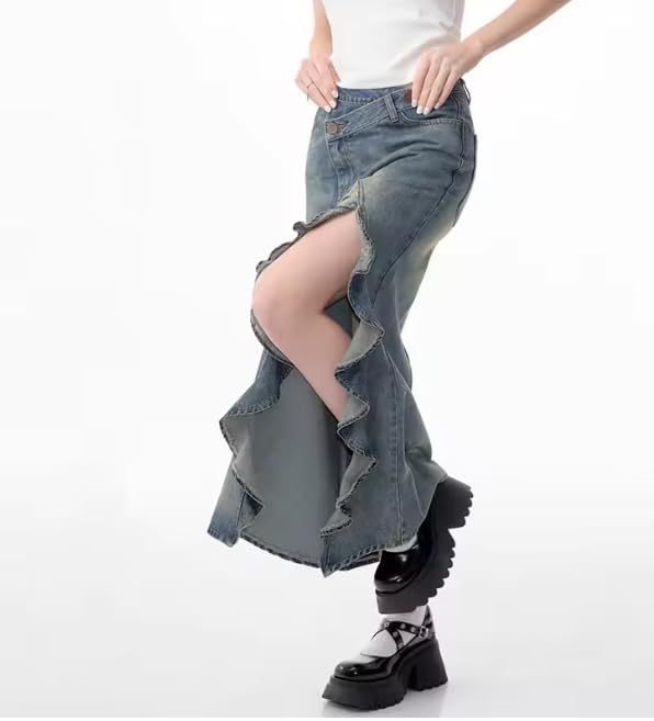 Women's Retro High Waist Slimming A-Line Long Denim Skirt with Side Split | Flattering Tailored Fit3