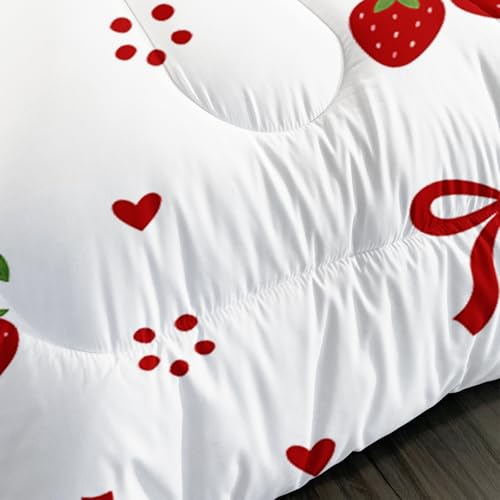 Image of AILONEN Sweet Fruit Comforter Full 3 Piece Coquette Ribbon Bedspread Red Cherry Style Print Quilt Cute Room Decoration White Patterned Padded Cover 2 Shams