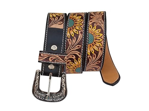 Western Belt for Young Adults Sunflower Tooled Hand Finished Genuine Leather Girls, Boys Small Women/Men 40IS0043