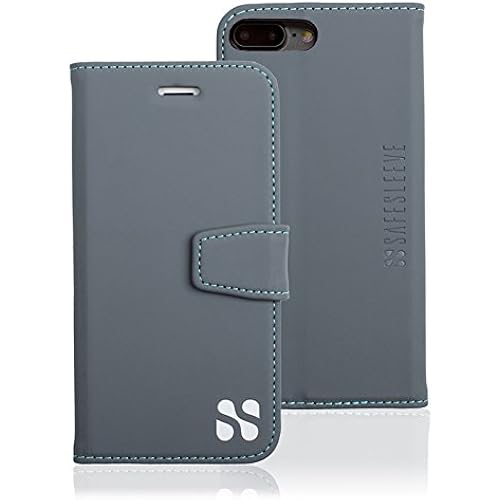 SafeSleeve EMF Protection iPhone Case: iPhone 8 Plus, iPhone 7 Plus & iPhone 6 Plus, RFID Blocking Card Holder Wallet, Adjustable Stand Case, Vegan Leather for Women & Men (Gray)