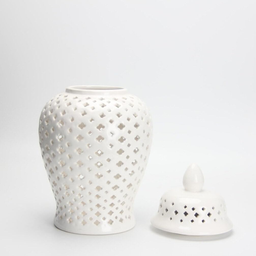 Kichvoe Ceramic Ginger Jar with Lid Decorative Flower Vase Pierced Porcelain Temple Jar Modern Hollow Out Ginger Jar Garlic Keeper Storage Canister for Home Office XS