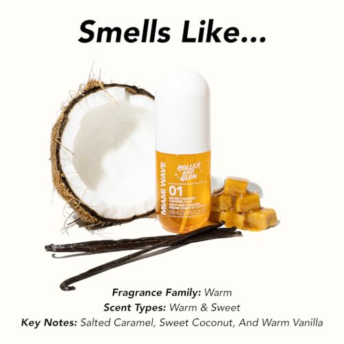 Image of HOLLER AND GLOW Miami Wave Salted Caramel Body & Hair Mist, Body Spray For Women, Hair Perfume For Women, Sweet Coconut, Vanilla Scented, Warm & Sweet, Travel Sized, 3.38 Fl Oz