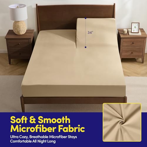 Image of Split Head King Sheets Set for Adjustable Beds 4 Piece Flex Top Bed Sheets - Deep Pocket Split Top Fitted Sheet with Built-in Corner Straps, Luxury Soft Cooling Bedding, Wrinkle Resistant, Beige