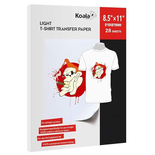 Koala Paper 28 Sheets Light Fabric Iron-on Heat Transfer Paper for Inkjet Printers 8.5x11 in DIY Customized T-shirt, Bag, Apron