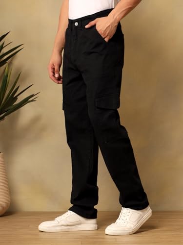 Image of KOTTY Mens Solid|Mid Rise| Utility Pocket|Button|Ankle Length Cargo Jeans