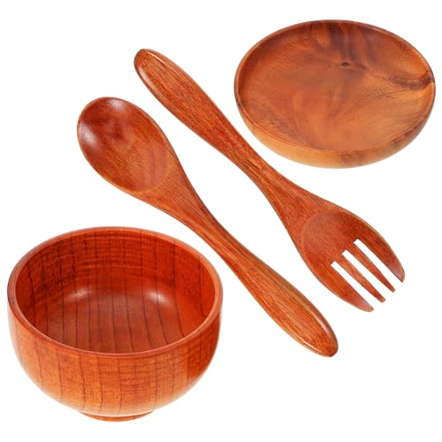 Cabilock 相思木製フルーツサラダボウル 木製スプーン フォーク付き 軽量滑らか表面 食洗機対応 割れにくい和風食器 家用サービングボウル