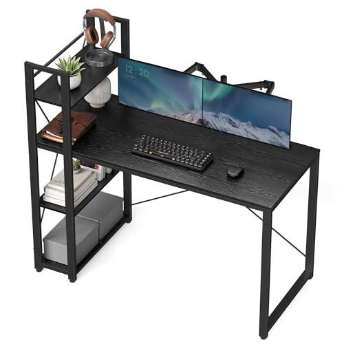 VASAGLE Schreibtisch, Computertisch mit Regalböden rechts oder Links, 120 cm breiter Bürotisch, für Arbeitszimmer, Homeoffice, einfacher Aufbau, ebenholzschwarz LWD048B56