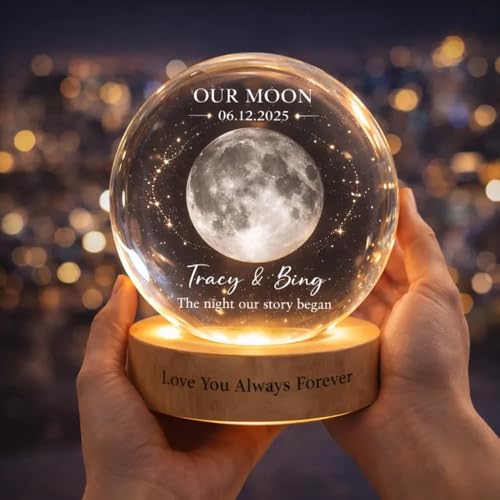 Image of Evamall Personalized Moon Phase Crystal Ball Night Light, Custom Night Sky By Date Lamp, Our Special Day Keepsake Gift for Couple Anniversary Wedding
