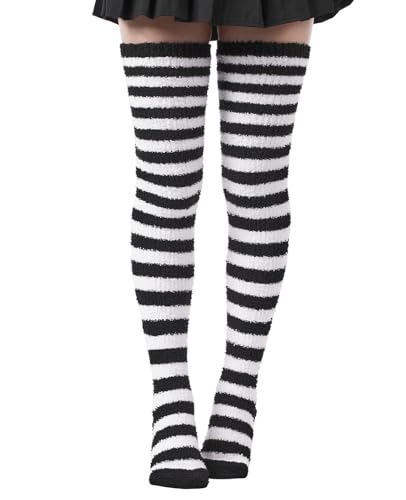 Moon Wood Women Striped Thigh High Socks Coral Fleece Thigh Highs Fuzzy Over Knee Socks Cozy Leg Warmers Valentine