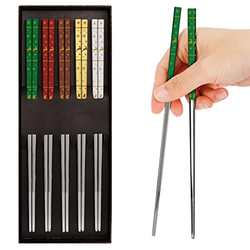 Weihnachts Essstäbchen Set 5 Paar Wiederverwendbare Essstäbchen aus Edelstahl als Weihnachtsgeschenk Bunte Weihnachtsdekoration Cover