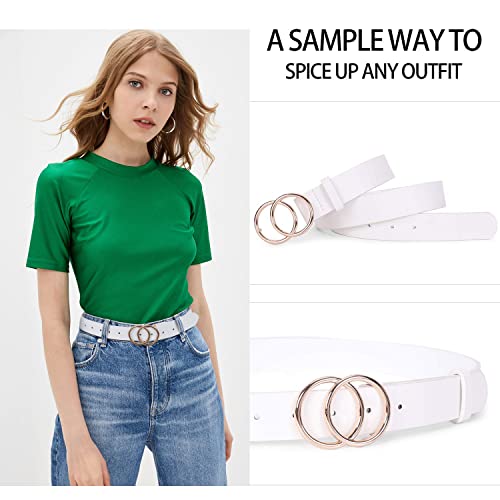 Sansths 3 Pack Women Leather Belts Faux Leather Jeans Belt With Double O-Ring Buckle Size Up To 53 Inch, M: Fits Waist From 29"-35" #TOP2