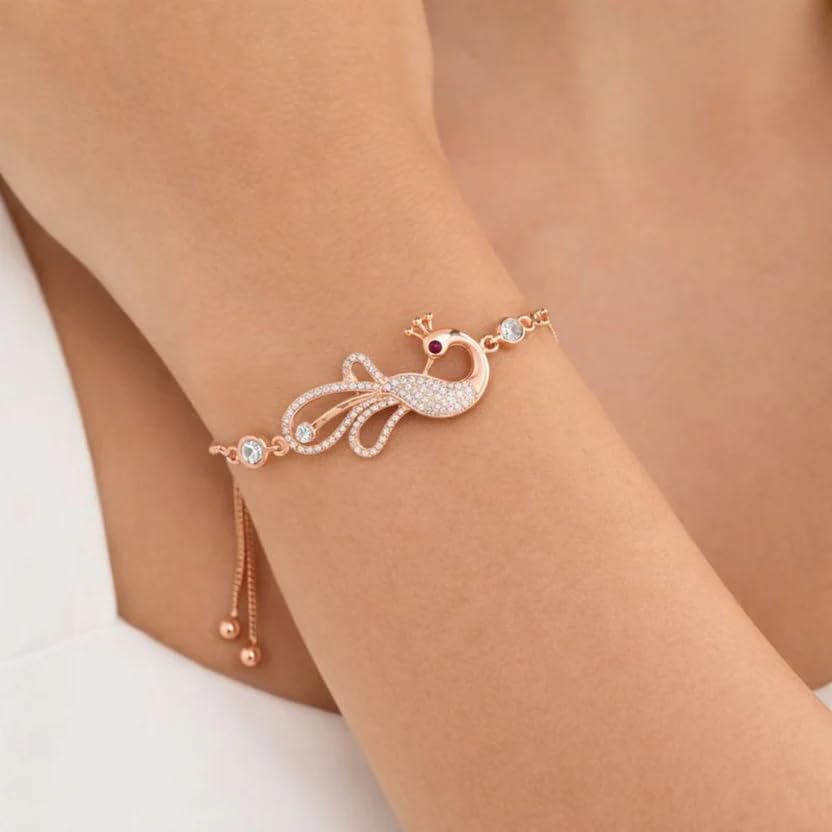 Image of Nilu's Collection Rose Gold & Silver Plated American Diamond Adjustable Peacock Bracelet, Stylish Fashion Jewellery Gift fo Women