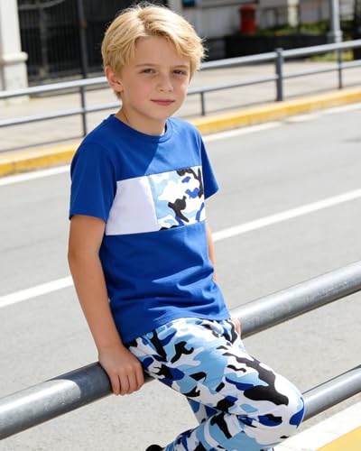 Image of OLMRJKD Boys 2 Piece Outfits Color Block Clothes Short Sleeve T Shirt and Camouflage Pants Summer Clothing Sets