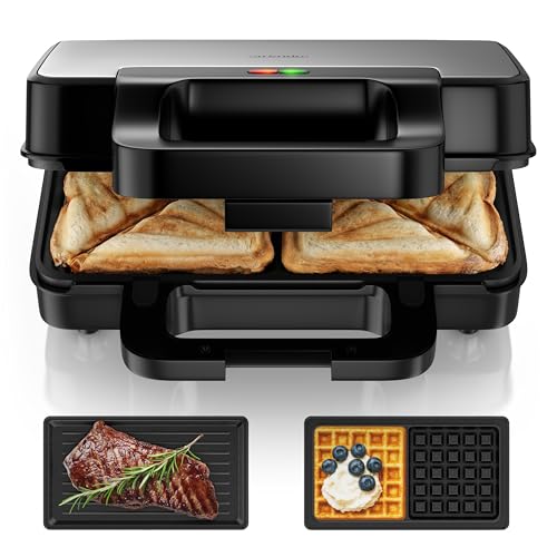 Arendo - Kontaktgrill 3 in 1 - mit Wechselplatten - Sandwichmaker – Waffeleisen – Sandwichmakler XXL - Antihaftbeschichtung – für Sandwiches, belgische Waffeln, Grillgut uvm - klein und kompakt