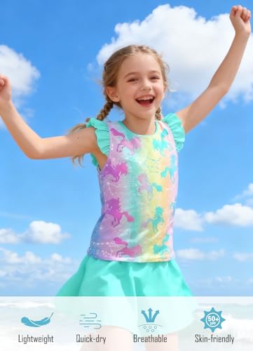 Image of Girls Swimsuit 2 Piece Ruffle Bathing Suit UPF 50+ Tankini Swimsuit Skirt with Lining Size 3-10
