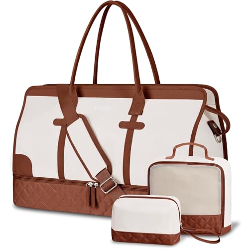 ETRONIK Weekender Overnight Bags for Women, Large Travel Duffle Bags with Shoe Compartment & Wet Pocket 3 Pcs Set, Beige-brown, Extra Large, Gym Bag for Women, Weekender Overnight Bag