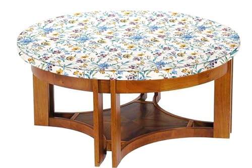 Image of The Furnishing Tree Elastic Cotton Round Center Table Cover 24x24 in Inches Floral Golden Leaf on offwhite Base