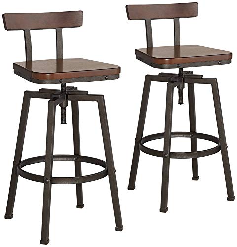 Elm Lane Roark Bronze Metal Swivel Bar Stools Set Of 2 Dark Brown 29 1/2" High Industrial Solid Wood Back Adjustable With Backrest Footrest For Kitchen Counter Height Island Home Shed #TOP2