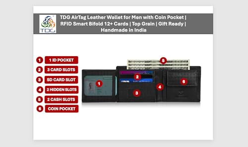 Image of TDG AirTag Leather Wallet for Men with Coin Pocket (Airtag Not Included) | RFID Smart Bifold 12+ Cards | Top Grain | Gift Ready | Handmade in India (Black Bifold)