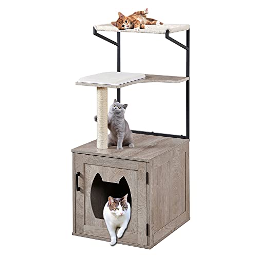 Beenbkks Cat Litter Box Enclosure With Cat Tree Tower, Hidden Litter Box Furniture Cat Washroom With Scratching Post And Soft Perch, Wooden Cat Furniture, Indoor Pet Cabinet With Multiple Platforms #TOP15