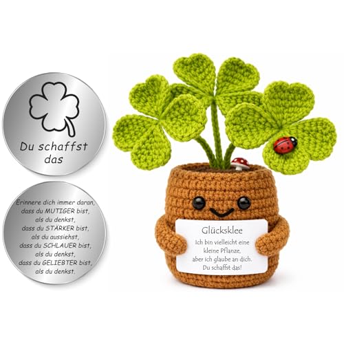 Tixlux Pocket Hug Positive Kleeblatt-Figur Kreative Strickwolle Figur mit Kleiner Umarmung Glücksbringer MutmacherGeschenk Abschluss Geschenk Abschiedsgeschenk (Vierblättrig)