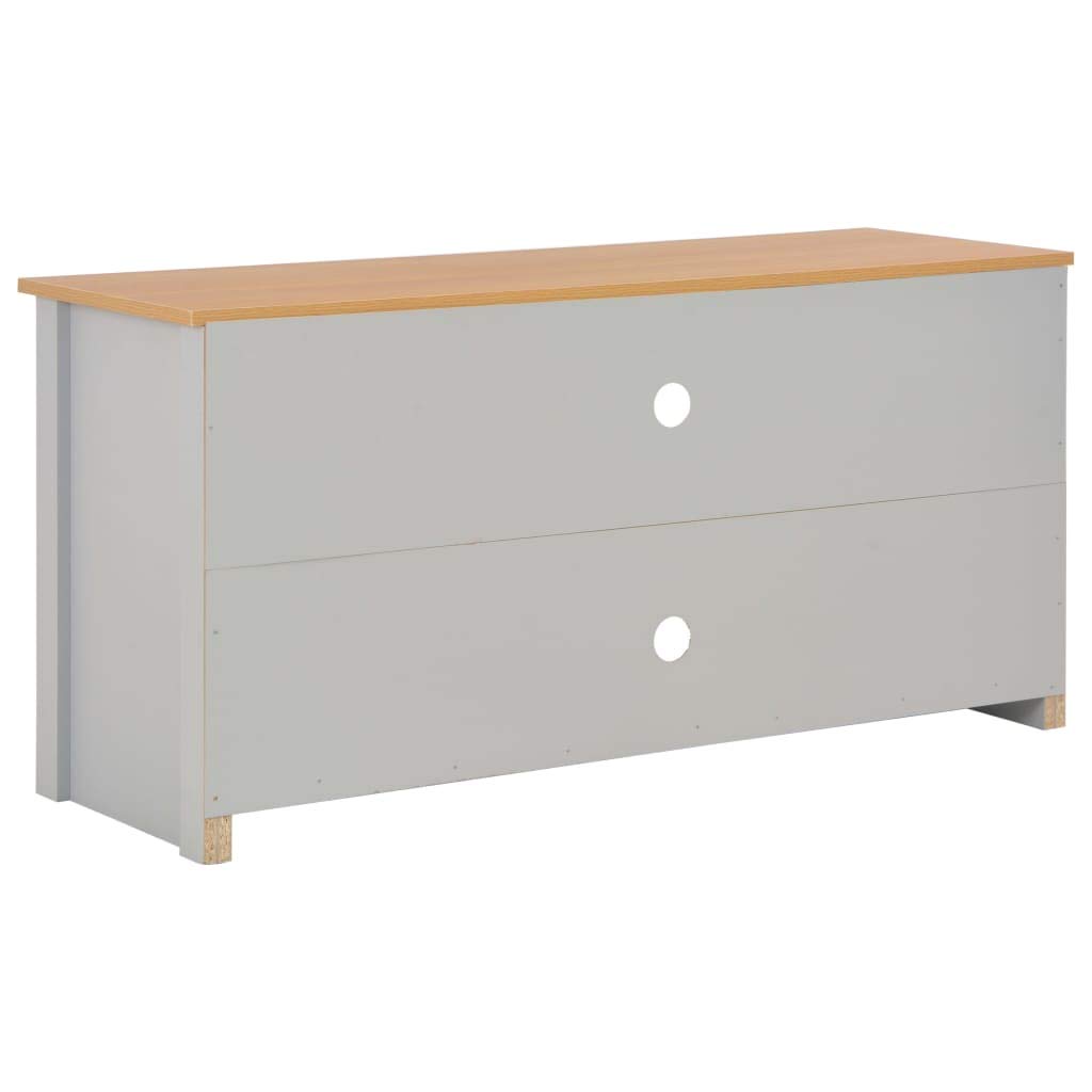 Szafka pod telewizor szara, imitacja naturalnego drewna, 120 x 39 x 58 cm, niska szafka z 2 drzwiami i 2 otwartymi półkami, meble multimedialne do salonu, kina domowego, przepust kablowy