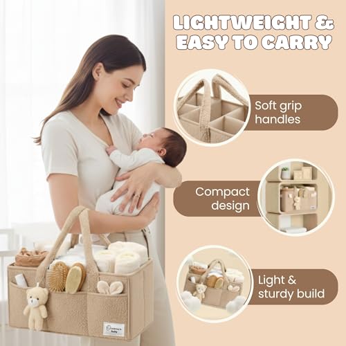 Image of OCEANEVO Cute Fur Diaper Caddy Organizer Bag WITH Luggage Tag AND Bear Charm, Baby Basket Essentials for Newborn Baby Products Storage with Compartments and Handle - 38 x 25 x 18 cm - Model 3 - Beige