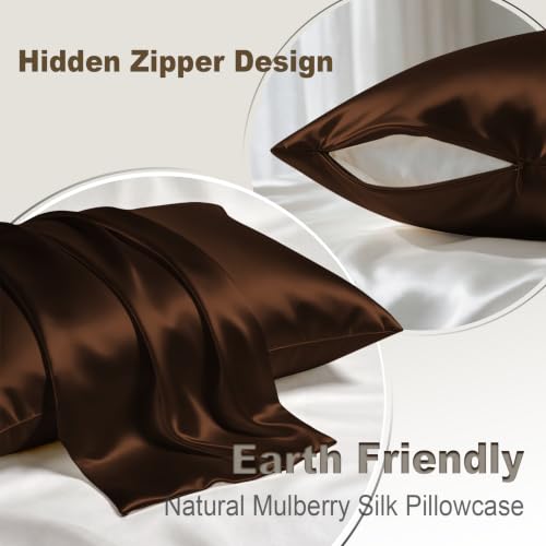 Image of LYSHIN Silk Pillow Cases 2 Pack King Size with Zipper, Brown | 19 Momme Mulberry Silk Pillowcase for Skin and Hair, Anti-Acne, Hypoallergenic, Cooling, Beauty Sleep, Gifts for Women