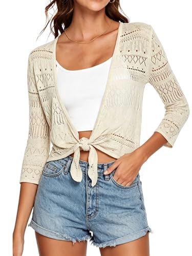 Image of Spicy Sandia Tie Front Sheer Shrug 3 /4 Sleeve Cropped Crochet Cardigan for Summer Lightweight