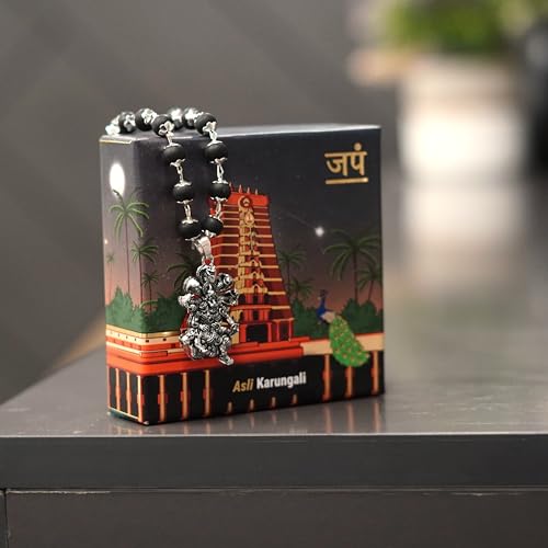 Image of Japam Silver Karungali Necklace with Lord Narasimha Pendant | Black Wood Spiritual Mala for Men | Puja & Meditation | Certificate of Authenticity