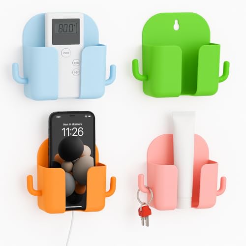 Wall Mount Mobile Phone Holder with Charging Slot & Side Hooks | Self Adhesive Phone Charging Stand & Storage Organizer for Bedroom, Kitchen, Bathroom, Office| Pack of 4