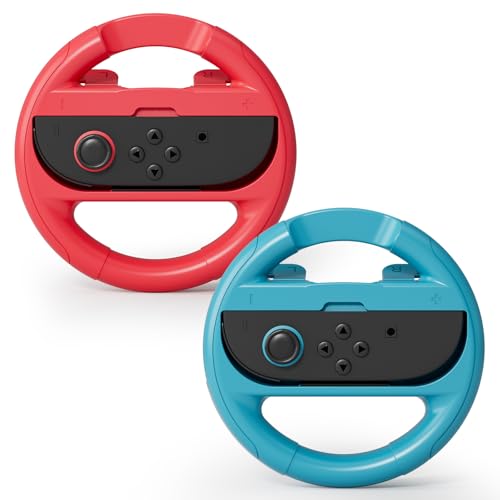 Lenkrad für Nintendo Switch 2, Joy-Con Lenkrad, Komfortabler Griff Rennlenkrad für Mario Kart World/Nintendo Switch2 & Switch, Rot/Blau (2 Stück)
