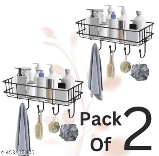 (Pack of 2) Steel Self-Adhesive Multipurpose Bathroom Shelf with Hooks/Towel Holder/Rack/Bathroom Accessories-Wall Mount - Pack of 2 (Black,Powder Coated) 3