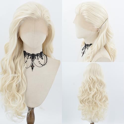 ZHYWIGS Platinum Blonde Long Synthetic Lace Front Wavy Wig for Women (White Blonde)