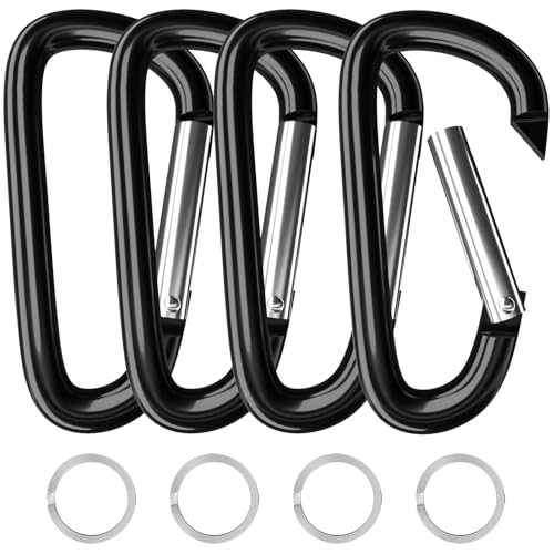 sprookber 5\" Heavy Duty Aluminum Carabiners, Large D-Ring Clips, Spring Snap Hooks for Camping, Hiking, Keychain, Dog Leash (Set of 4, Black)