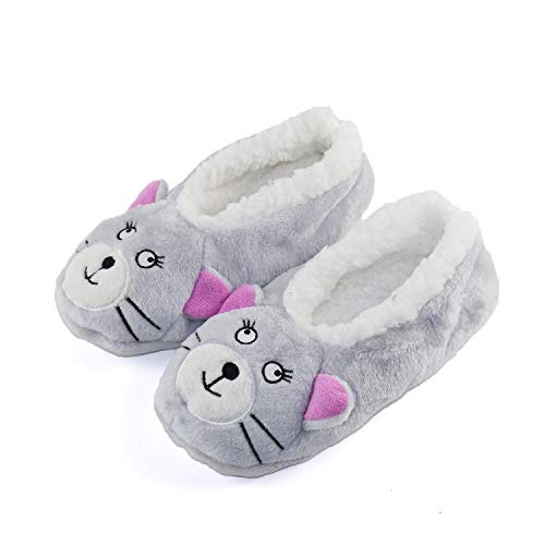 GLENMEARL Womens Knit Lovely Animal Slippers Non-Skid Sole Home Slippers for Adults Girls (7.5-9.5, Grey Cat)